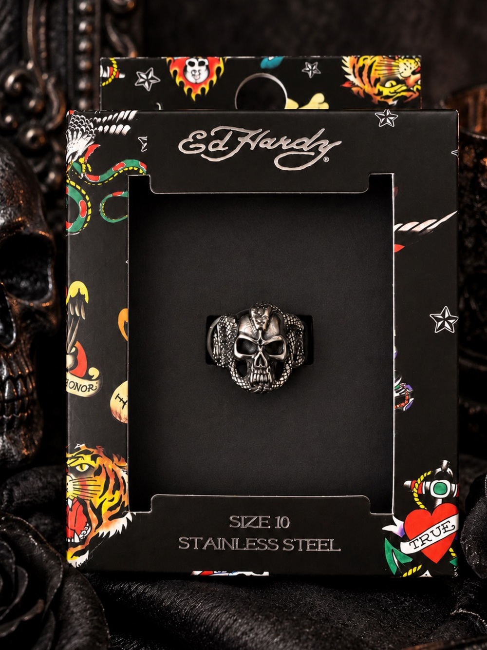 Ed Hardy Men’s Stainless Steel Skull Ring, Size 10 NIB